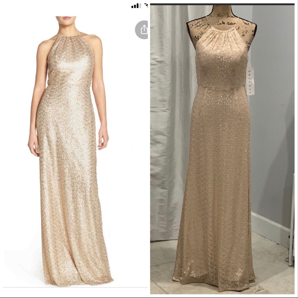 Bill Levkoff sequined floor length gold gown dress